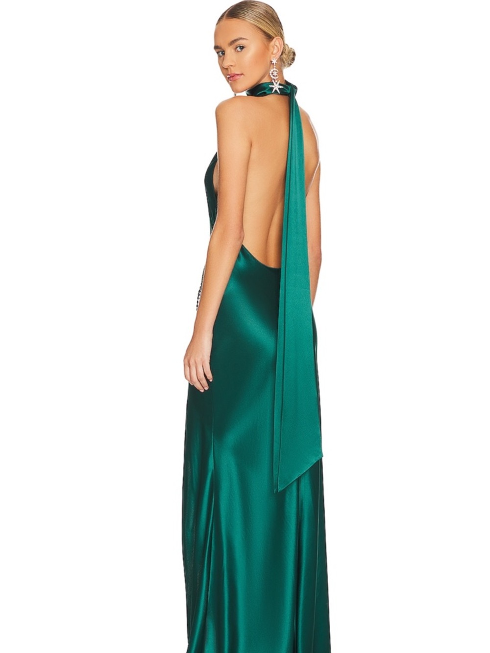 Emerald Halter Satin Evening Gown with Side Slit - Picture 4 of 4